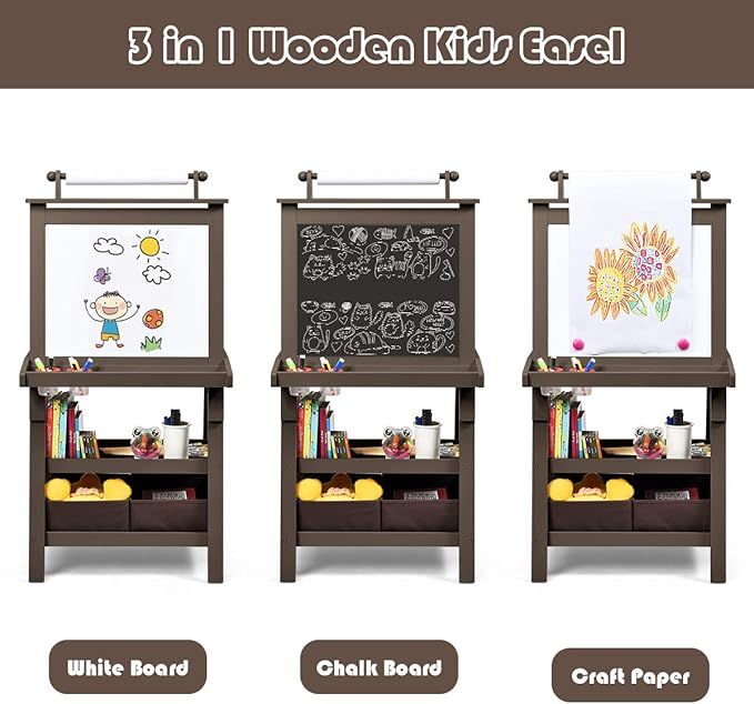 Costzon Kids Art Easel, 3 in 1 Double-Sided Wooden Easel w/Magnetic Whiteboard, Chalkboard & Paper Roll, 2-Tier Rack w/ 2 Storage Boxes, Standing Easel for Kids, Toddlers, Boys, Girls (Coffee)