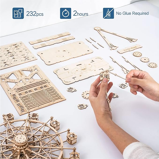 Rolife 3D Wooden Puzzle Hand Crank Music Box Machinarium Toys-DIY Wood Craft Kit-Creative Gift for Adults When Christmas/Birthday (Ferris Wheel Wood Color)