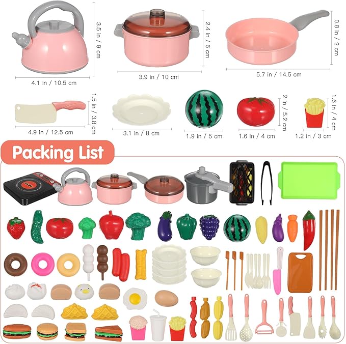 UPKOCH 86-Piece Interactive Kids Kitchen Playset with Electric Stove & Pressure Cooker - Pretend Play Cooking Toys for Toddlers, Cutting Vegetables & BBQ Grill Roleplay (Pink)