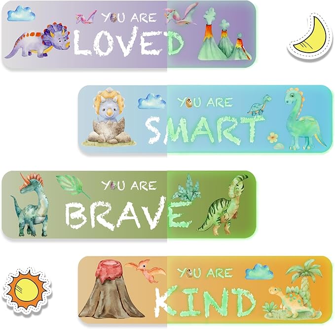 4 PCS Glow in The Dark Dinosaur Wall Decals, Luminous Self-Adhesive Dinosaur Toddler Room Stickers for Boys Motivational Wall Art Inspirational Sticker for Girls Kids Baby Nursery