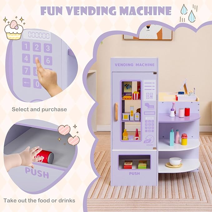 HONEY JOY Kids Grocery Store Playset, Wooden Supermarket Playset w/Cash Register & Vending Machine Toy, Blackboard, Checkout Counter Stand, Grocery Store Pretend Play for Toddler Boys Girls (Purple)