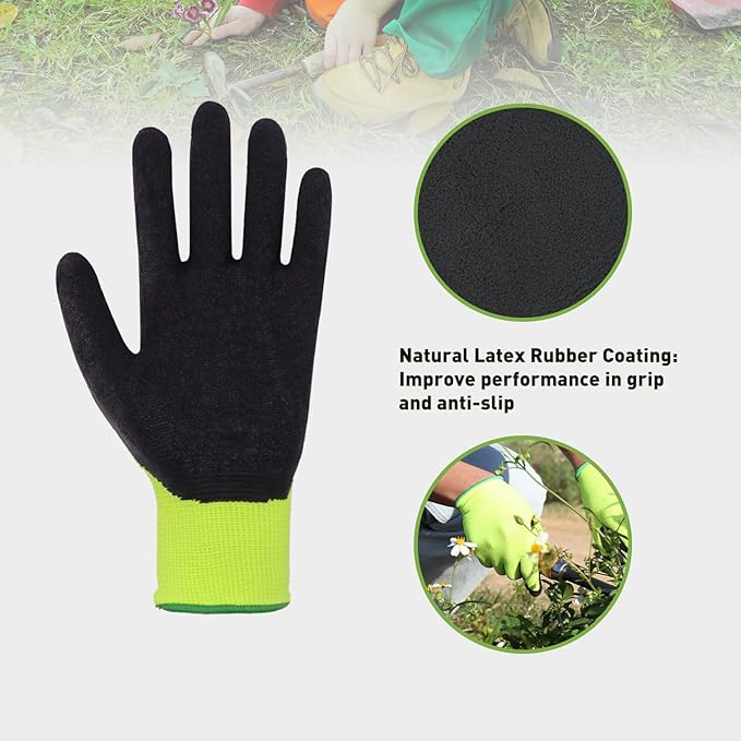 HANDLANDY 3 Pairs Kids Gardening Gloves Latex Free, Nitrile Coated Children Toddler Garden Yard Work Gloves for Little Girls Boys (Size S, Black-Green)