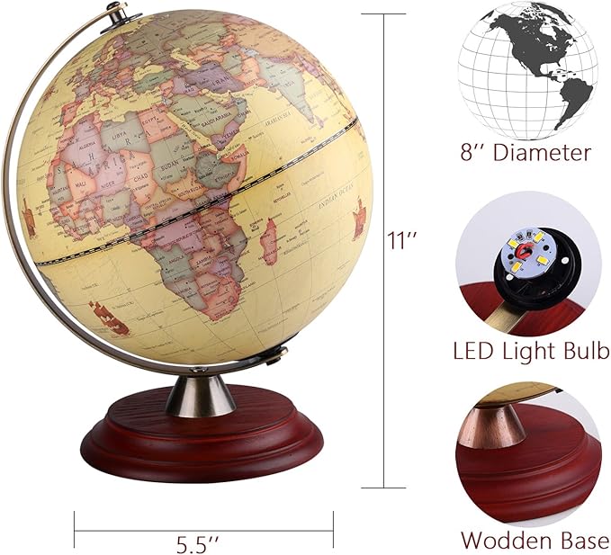 Illuminated World Globe for Adults & Kids with Wooden Stand,Built in LED Lamp for Illuminated Night View Antique Globe for Home Décor and Office Desktop 8inch