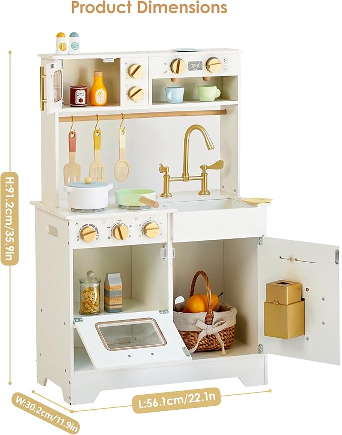 Wooden Play Kitchen for Kids with Ice Maker — Small White Pretend Kitchen Set with Sink, Stove, Oven & Microwave, Utensils and Storage, Montessori Role-Play Toy, Gift for Toddlers Ages 3+
