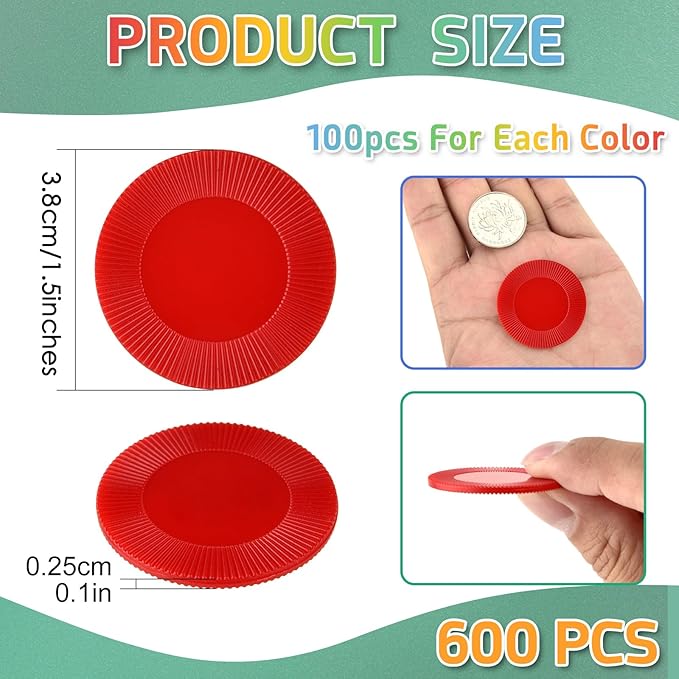 Coopay 600 Pieces Plastic Poker Chips Bingo Chip Bulk Learning Counters Disks Poker Card Game Counting Markers for Math Practice, Game Tokens and Teaching Rewards, 38 mm/ 1.5 Inches (6 Colors)
