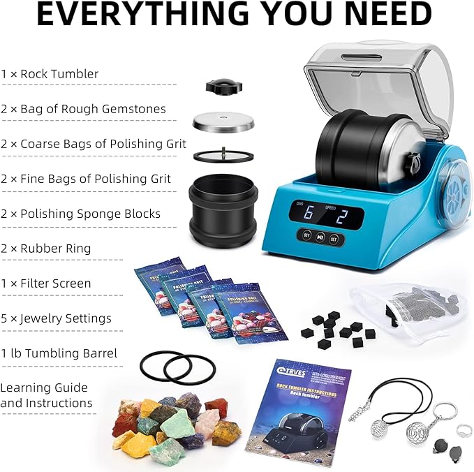 Rock Tumbler Kit Adults - Rock Polisher Tumbler with Noise Reduction Cover, Speed&Timer Control, Includes 4 Polishing Grits, Rough Gemstones, Learning Guide etc.(Blue)