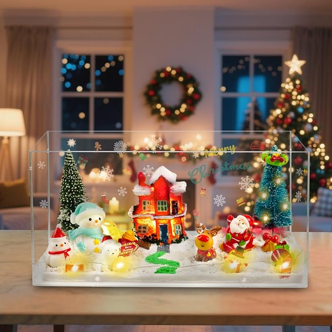 Rhybor Christmas Sensory Bin, Christmas Craft Kits Sand Art Play Kits with Santa, Reindeer, Snowman, Mini Christmas Tree Holiday Sensory Play Set Christmas Xmas Gift Decorations for Adult Kid