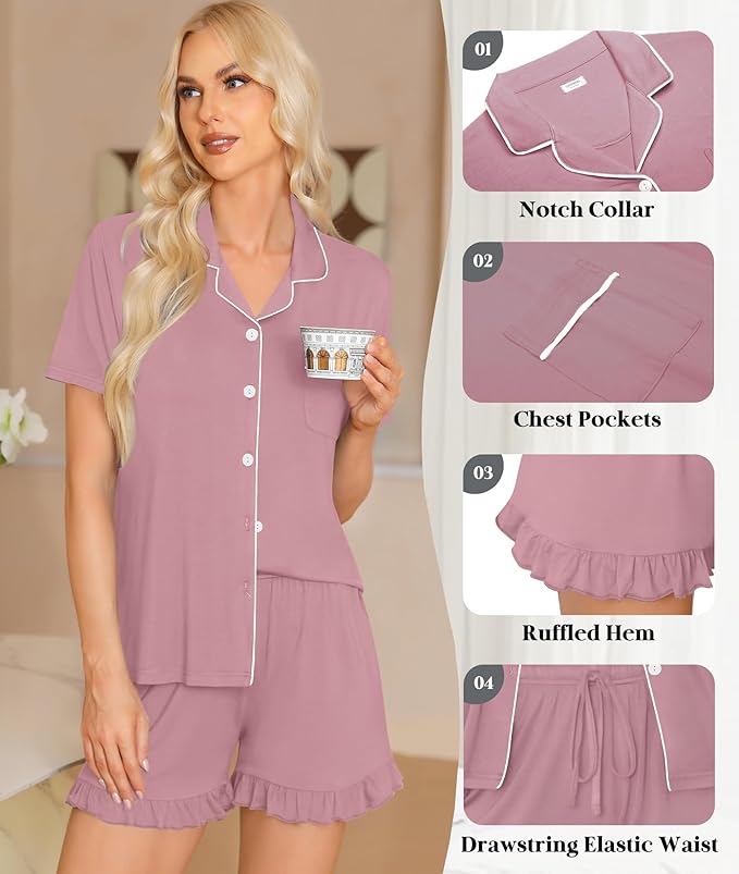 SWOMOG Womens Button Down Pajamas Set Short Sleeve Sleepwear Bride Soft Pj Lounge Sets XS-3XL