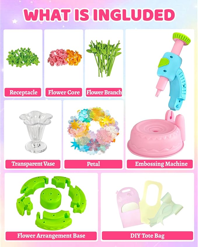 DIY Art Flower Toys Include Extra Accessories Set, Arts and Crafts Activity Kit for Kids, Flower Garden Building Toys for Girls, Birthday Gifts for 3 4 5 6 7 8 9 10 11 12 Year Old Girls (Pink)