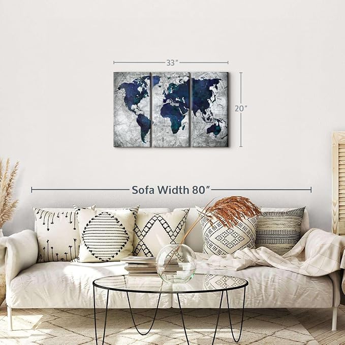 ElephantStock Deep Blue World Map Multi Piece Canvas - 3 Panel Wall Decor - Map of the World Art - Canvas for the Office and Home - 33" X 20"