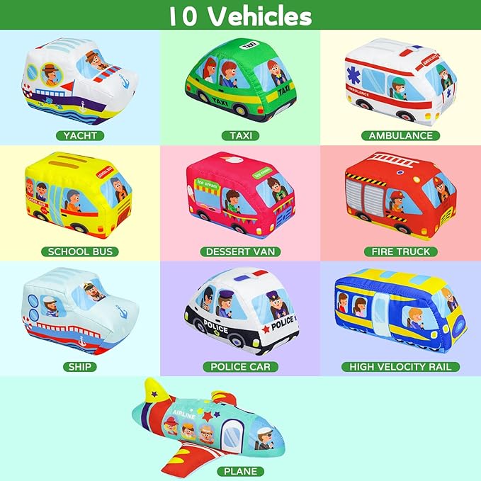 Dr.Rapeti Soft Toy Car Set for Babies Infants Toddlers Kids 1 Oversize Play Mat 10 Soft Toy Cars 47x30inches Washable Non-Toxic