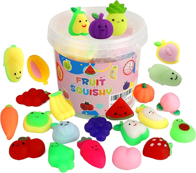Mochi Squishy Toys, 24 pcs Fruit Squishy Party Favors for Kids Classroom Prize Stress Relief Squishies Bulk Gift for Birthday Pinata Goodie Bag Filler Christmas Stocking Stuffers Easter Valentines