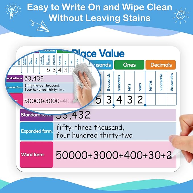 Aizweb 12 Pack Place Value Dry Erase Board Card,12" x 9"Regrouping Base Ten Small Whiteboard Math Manipulatives Addition Subtraction Game for Student Classroom Must Have Homeschool Teacher Supplies