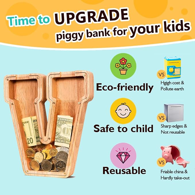 SummiDate Wooden Letter Piggy Bank| Piggy Bank for Boys Girls Toddler| Alphabet V Money Bank| Coin Bank Birthday Gift for Kids|Birthday Gift for Kids (V)