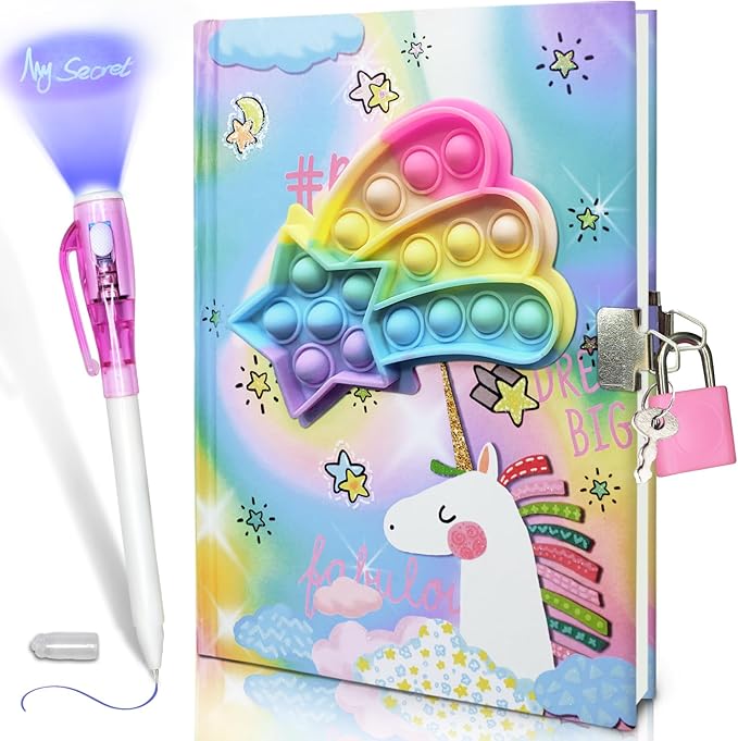 Pop Girls Diary with Lock and Invisible Ink Double-end Pen, 7.5x5.4 Inches 160 Lined Pages Fidget Unicorn Girls Journal for Kids Secret Notebook Pen Set Birthday Gifts for Girls 5 6 7 8 9 10 Years Old