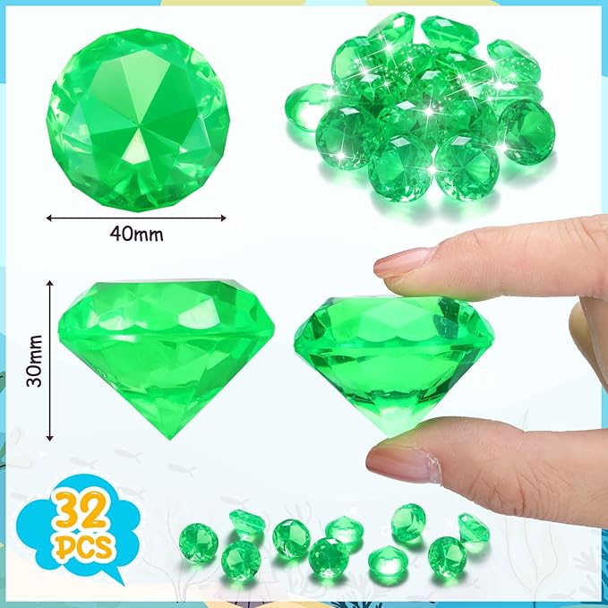 Zomiboo 16 Pcs Acrylic Diamond Large Gems Pirate Round Treasure Toy Gems Treasure Round Gemstones Acrylic Diamond Shaped Gemstones for Home Table Vase Fillers Party Decor (Green)