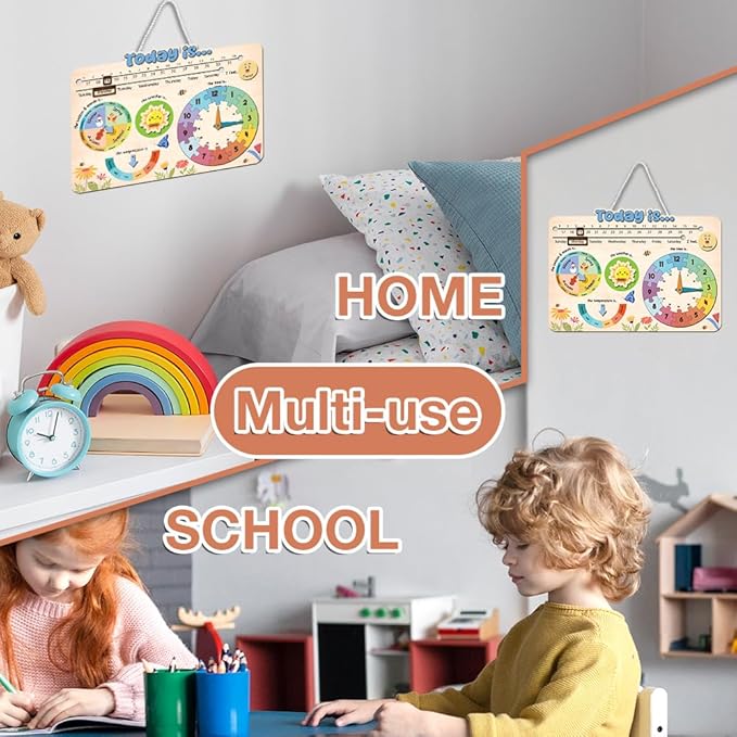 Interactive Calendar for Kids Ages 3+, Wooden Toddler Calendar, Teaching Seasons, Years, Months, Days of Week, Daily Activity Calendars for Kid Preschool & Homeschool (10 x 14 inches)