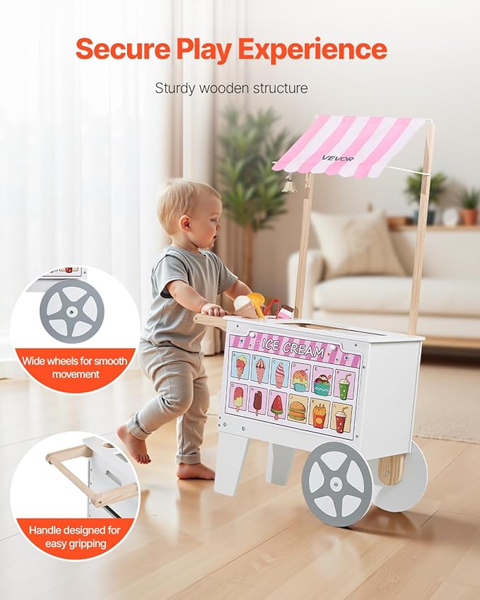 VEVOR Ice Cream Cart for Kids, 20+ PCS Accessories, Pretend Play Ice Cream Shop Kitchen Food Toys with Ice Cream Cone & Popsicle, Awning & Freezer, Storage Drawers & Flipping Menus, for Kids Aged 3-7