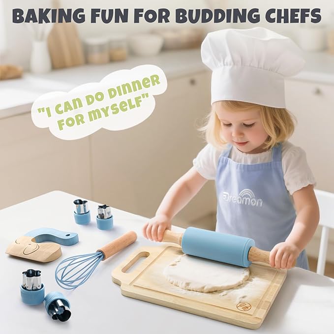 29 PCS Wooden Kids Cooking Set, Toddler Montessori Cooking & Baking Kitchen Tools for Real Cooking, 3 Knifes, Real Cutting Board, Apron, Kid Safe Kitchen Utensils for 3+ Year Old Boys Girls Gift