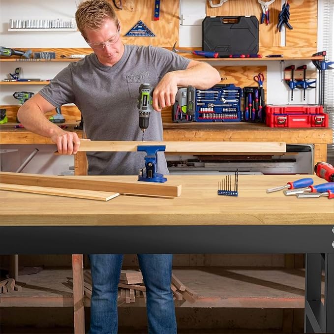 48" Adjustable Workbench,Heavy-Duty Work Table,3000 LBS Load Capacity Hardwood Workstation Outlets with Power Strips and Fixed feet,for Workshop, Garage