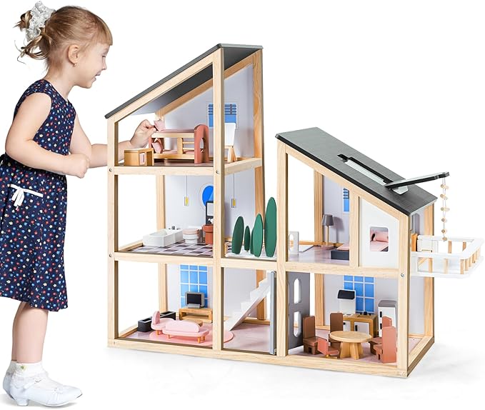 Large Wooden Doll House for Kids Ages 3+, Sturdy Modern Family Dollhouse Kit with Realistic Furniture Design, Educational Wooden Toy House for Toddlers Early Learning & Creative Play