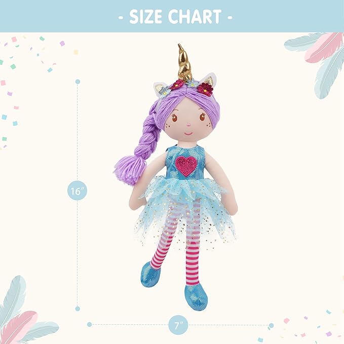 June Garden 16" Unicorn Doll Myra - Purple Hair Plush Rag Doll for Toddler Girls - Soft Companion Gift for 2+ Years - Blue Dress