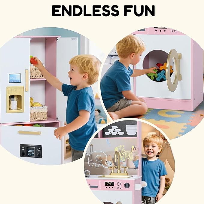 Play Kitchen Sets for Kids, Pretend Wooden Kids Kitchen Playset, Interactive Toy Kitchen with Freezer, Washing Machine, Ice Maker & Large Storage Space, for Boys Girls Ages 3+, Pink