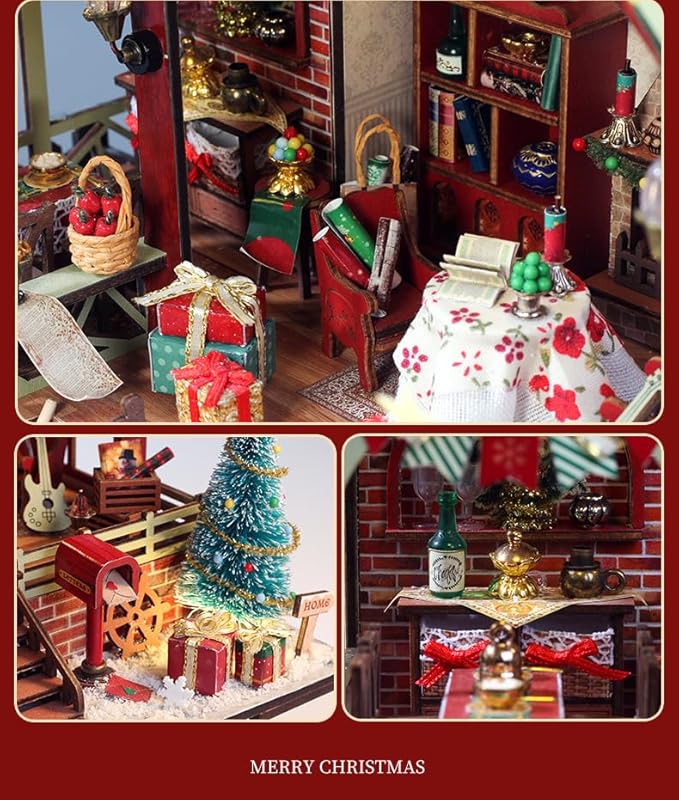 DIY Miniature House Kit, Mini House Building Kit, DIY Book Nook Kit, Tiny Model House for Adults to Build, Beginner 3D Wooden Book Nook, for Family Friends (Christmas House)