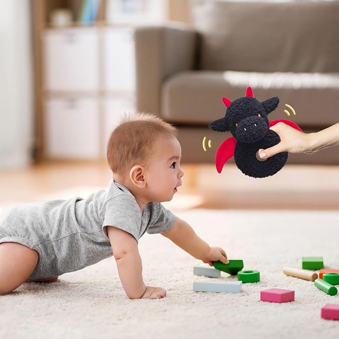Baby Dragon Soft Rattle Toy, Plush Dinosaur Infant Shaker Rattle Easy-Grasp Stuffed Animal Toy, Gifts for Newborns Babies Toddlers Boys Girls, Black, 6 Inches