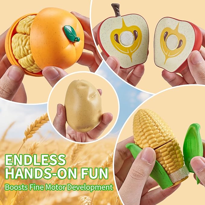 Play Food Sets for Kids Kitchen, Wheat Straw Pretend Food Toys with Kids Picnic Basket and Picnic Blanket, Cutting Toy Food, Fake Food with Pizza Toy, Play Kitchen Accessories, STEM Gift for Boy Girl