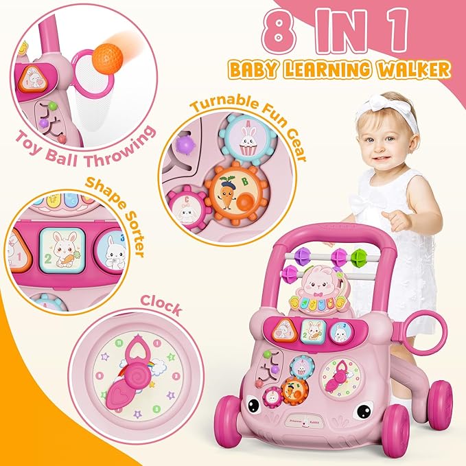 Baby Walker Toys,Push Walker for Boys & Girls Learning to Walk,Sit to Stand Early Educational Toys,Activity Center for Infant,Christmas Birthday Gift for Toddler 6-18 Months,Pink