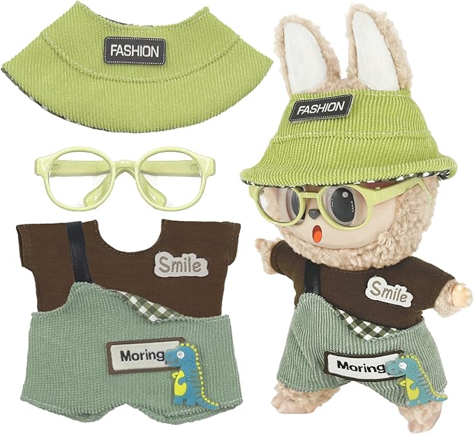 17cm Clothes Set (NO Doll) 4PC Set Hat Glasses Overalls for 17cm Accessories Suit, Doll Clothing for Trendy Blind Box，Cute Clothes for LBB Doll Dress up Unique Style,Free Combination (Green)