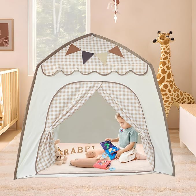 Toddler Bed Tent, Kids Play Tent with Flags, Star String, Portable Bed Canopy for Boys & Girls, Children, Indoor Outdoor Dome Playhouse, Khaki Plaid, 51" x 39" x 51"
