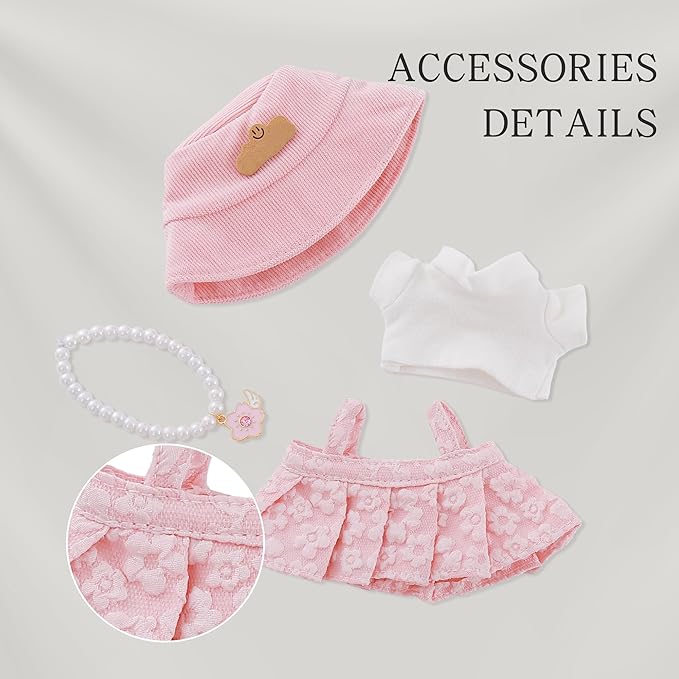 17cm Doll Clothes Set & Dolls Outfit 3-Piece Handmade Doll Clothing Set with Dress Necklace and Hat Accessories for 17cm Plush Dolls, Clothes Only, No Doll Included