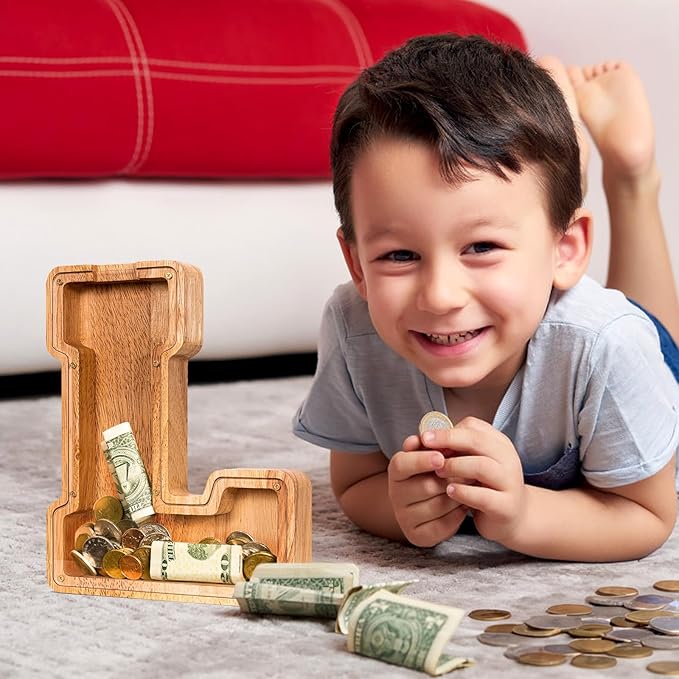 SummiDate Wooden Letter Piggy Bank| Piggy Bank for Boys Girls Toddler| Alphabet L Money Bank| Coin Bank Birthday Gift for Kids|Birthday Easter Gifts for Kids (L)