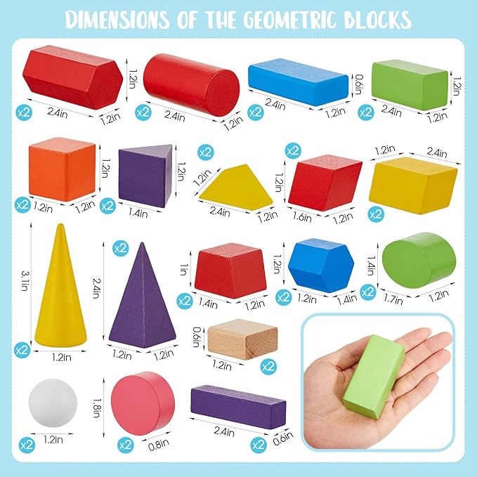 Deekin 36 Pcs Large 3D Shapes for Teaching Math Manipulatives Geometric Solids Blocks Montessori Learning Toys Blocks Solid for Preschool Elementary Kindergarten Home School Supplies (3D Shape)