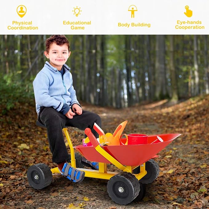 Costzon Kids Ride-on Sand Dumper, Children Outdoor Sandbox Toy w/Ergonomic Handle & 4 Wheels, Heavy Duty Steel Digging Metal Garden Play Tool for Boys Girls, Kids Wheelbarrow (Red)