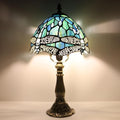 Small Tiffany Lamp Mini Accent Table Lamp Stained Glass Desk Memory Lamp Sympathy 8X14.5 Inch (Sea Blue Dragonfly Style)