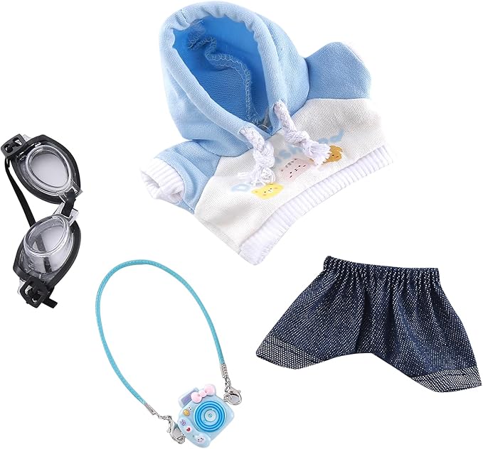 Clothes for Doll 4-Piece 17cm Doll Outfit with Blue Hoodie, Jeans, Glasses & Mini Backpack Clothes Only