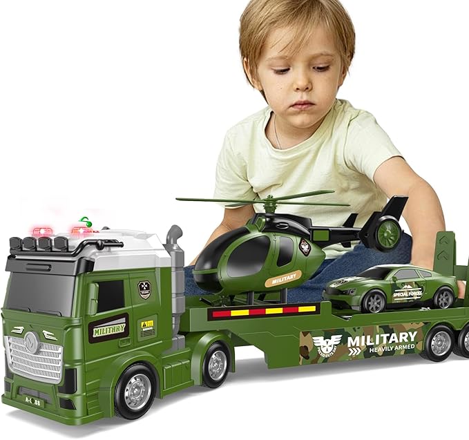 Kids Toys for Ages 3 4 5 6 7 8 Years Old Boys, 25" Large Army Semi Truck with Helicopter & Race Car, Friction Powered Vehicle with Lights & Sounds,Birthday Gift for Boys Girls