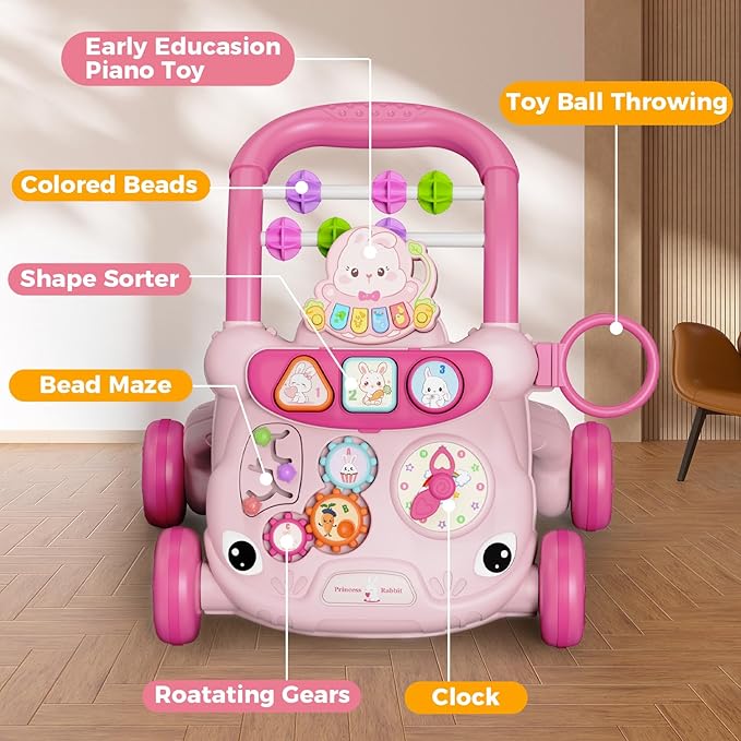 Baby Walker Toys,Push Walker for Boys & Girls Learning to Walk,Sit to Stand Early Educational Toys,Activity Center for Infant,Christmas Birthday Gift for Toddler 6-18 Months,Pink