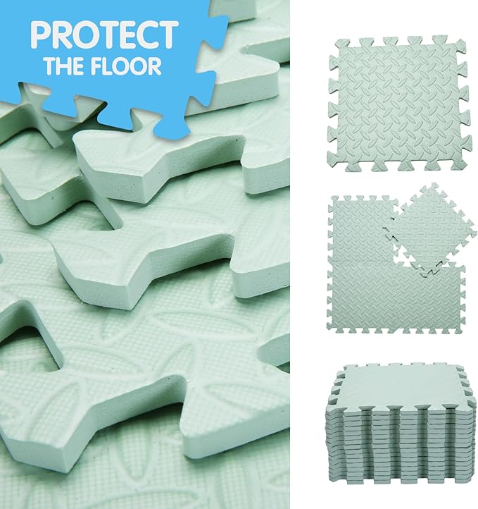 Coolcandy EVA Foam Play Mat, 16 Tiles Colorful Baby Play Mat, Square Kids Playmat with Solid Colored, 0.4" Thickened Interlocking Foam Floor Tiles, Puzzle Play Mat For Baby Lying, Playing (Bean Green)