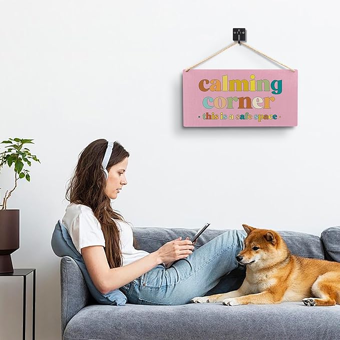 Calming Corner Hanging Wood Sign Plaque - Safe Space, Classroom Decor, School Counselor Office, Calm Down Corner Decorations, Boho Decor (Pink), 12x6