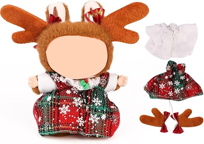Doll Clothes for Labubu(NO Doll), for 17/15cm Plush Dolls, Clothing Suit Toy Figurine Outfit Set Dress Up with Kawaii Style Accessories, Skirt or Overall and Cute Hat or Headwear (SD2)