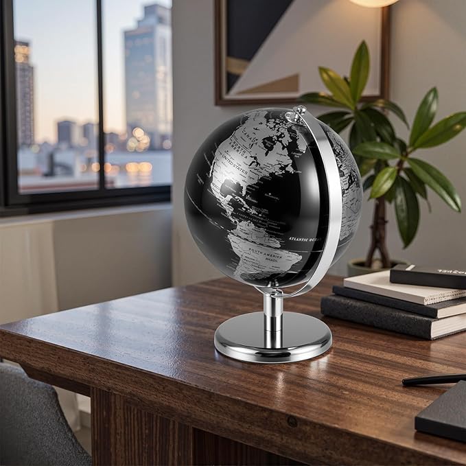 8" World Globe, Black Earth Globe with Silver Accents, Metal Stand, Non-slip Base & Time Zone, Decorative Tabletop Desk Globes for Classroom, Office & Home