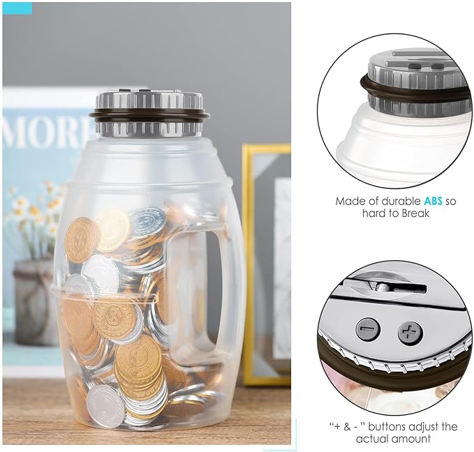 X-Large Piggy Bank for Adults, Vcertcpl Digital Coin Counting Bank with LCD Counter, 2.8L Capacity Coin Bank Money Jar for Adults, Designed for All US Coins(Gray, X-Large)