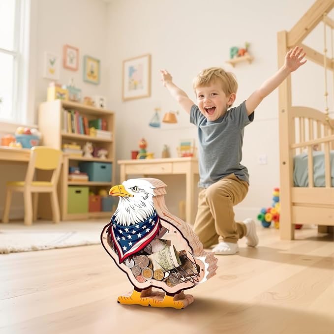 Wooden Eagle Piggy Banks for Kids Money Coin Bank, Cute Unbreakable Piggy Bank DIY Personalized Kids Safe Money Box with Stickers, Toddler Birthday Baptism Gifts for Girls Boys Eagle Lovers