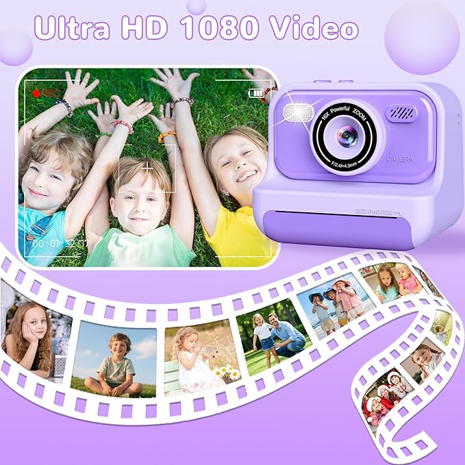 Kids Instant Print Camera with 2.4 Inch Screen, Christmas Birthday Gifts for Girls Age 3-12, 1080P Digital Camera, Portable Toddler Travel Toy for 3 4 5 6 7 8 9 10 Year Old Girls, Purple