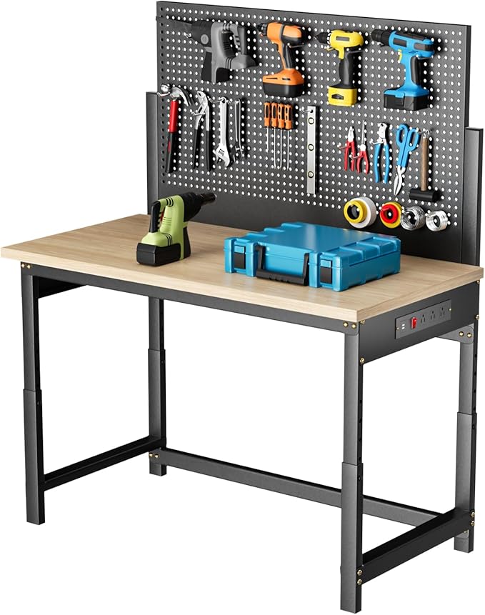 Workbench with Pegboard, Adjustable Height Work Bench Heavy Duty Work Station Table with Power Outlets Work Benches for Garage, Workshop, Home, Office(47.2 inch Wide)