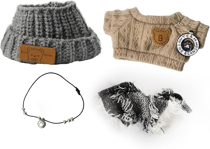 Cloth for Doll, 4-Piece Brown Bear Outfit for 17cm &15cm (NO Doll) – Gray Flipped Hem Hat + Smiley Necklace + Coordinated Clothes & Pants-Handmade